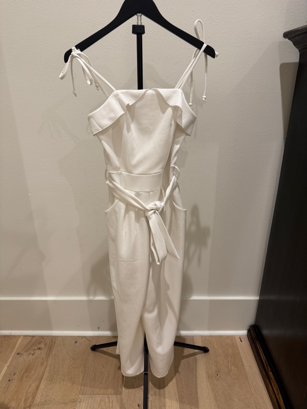 Honey and Rosie Cream Tie-Shoulder Ruffle Jumpsuit with Waist Tie